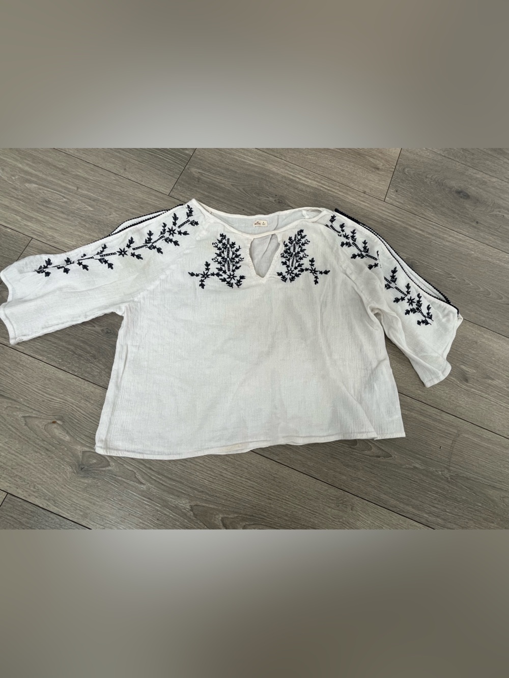 Hollister White Tunic Top with Navy Floral Embroidery